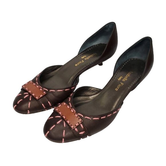 Isabella Fiore Leather Pumps 8 Brown Pink Embroidered Yarn Kitten Heel Open Side - Picture 2 of 9